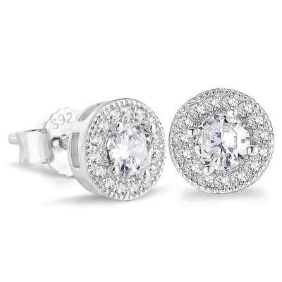 Round Iced 925 Sterling Silver Stud Earrings White Gold S925 
