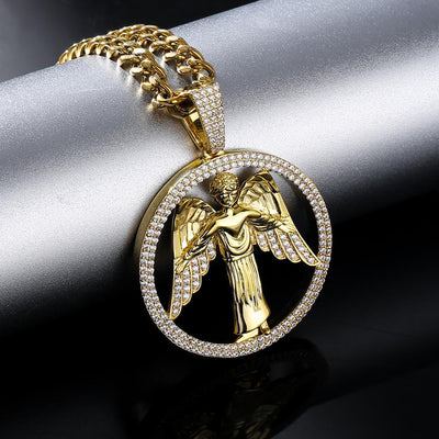 Round Shape Iced Angel Wing Pendant with14K Gold Plated 