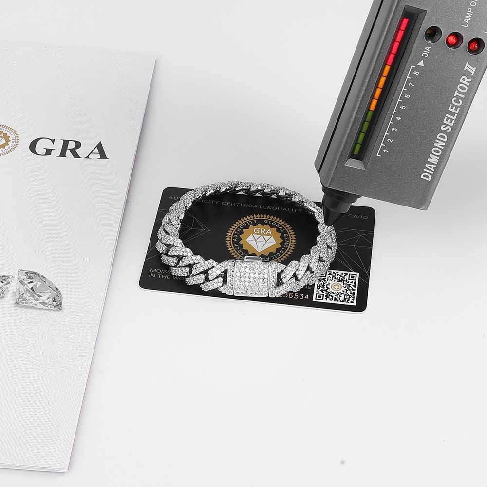 S925 Moissanite Diamond Prong Cuban Link Bracelet in White Gold - 12mm Bracelets 