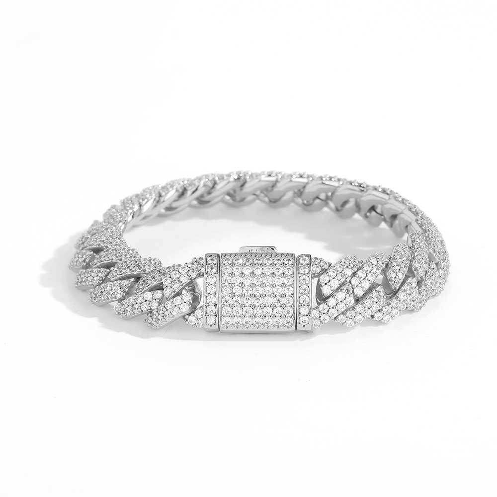 S925 Moissanite Diamond Prong Cuban Link Bracelet in White Gold - 12mm Bracelets 