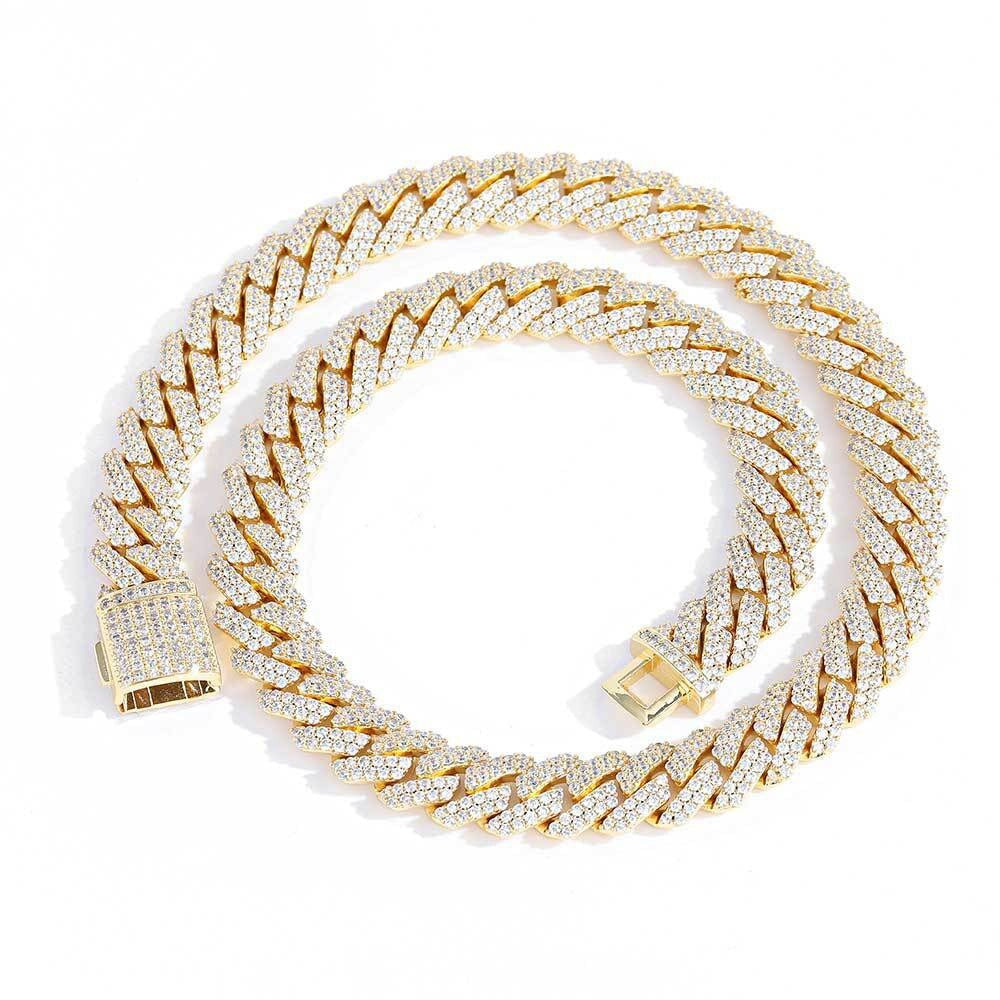 S925 Moissanite Diamond Prong Cuban Link Chain in 14K Gold - 12mm Necklaces 