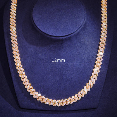 S925 Moissanite Diamond Prong Cuban Link Chain in 14K Gold - 12mm Necklaces 