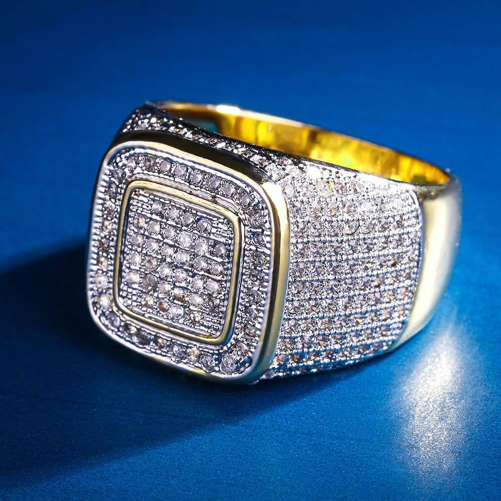 Square Iced Out Diamond Ring 14K Gold Plated 