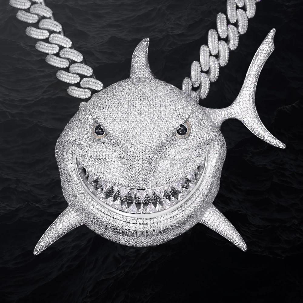 Tekashi 6ix9ine’s Iced Out Shark Pendant (Large Size 5 Inch Tall) Charms & Pendants 5A Brass White Gold Large ( Pendant Only)