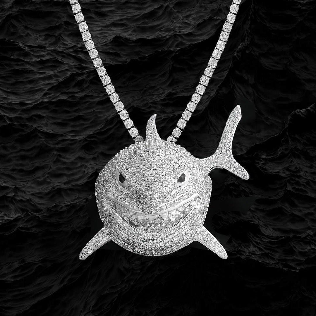 Tekashi 6ix9ine’s Iced Out Shark Pendant Necklace (Small Size) Charms & Pendants 3mm Tennis Chain White Gold 