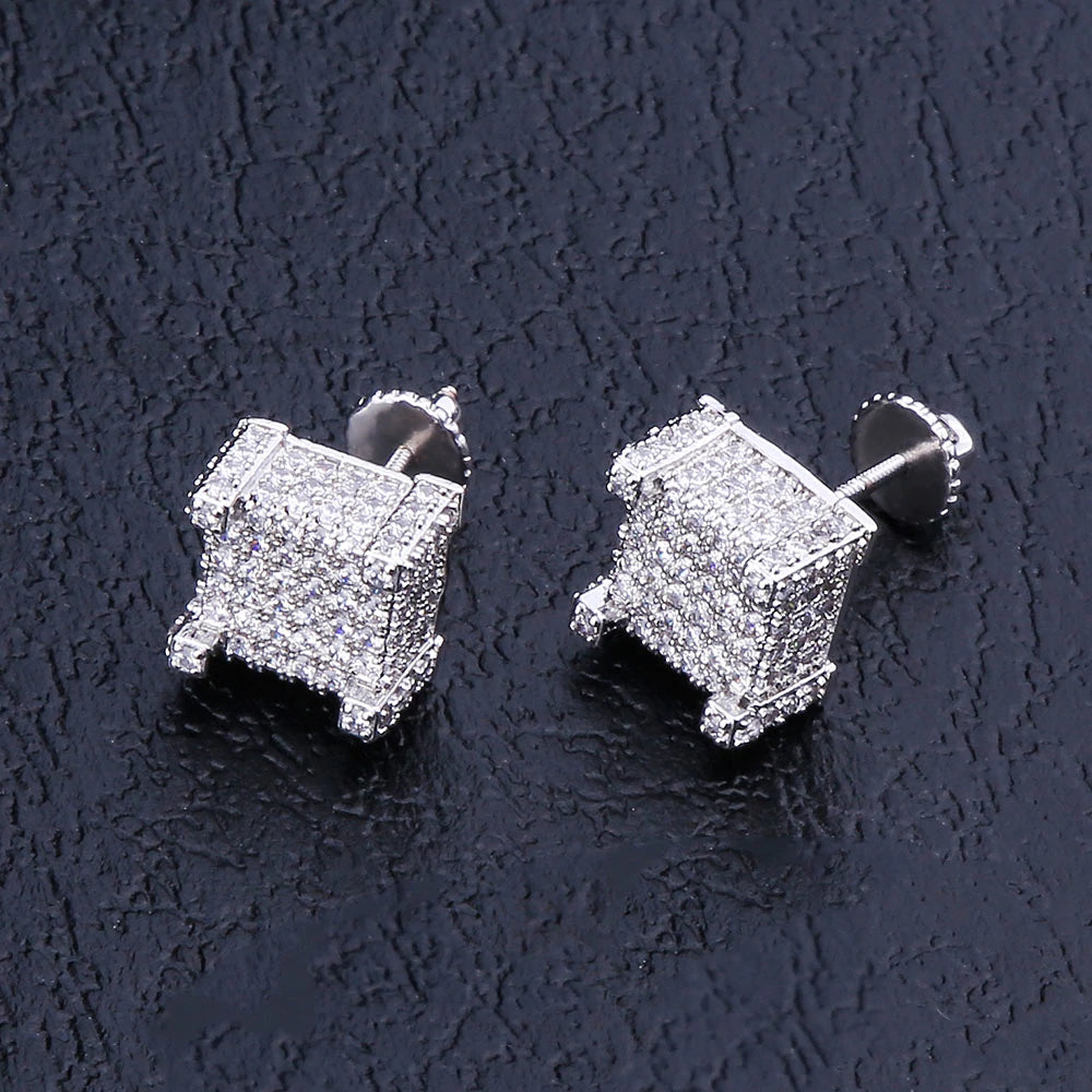 The Courage® - 925 Sterling Silver Iced Square Diamond Stud Earrings for Men Earrings 
