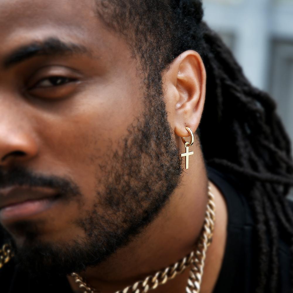 Men' Earrings Hiphop Cross Pendant Dangle Earring For Men Gold Color  Dazzling Cubic Zirconia Rock Piercing