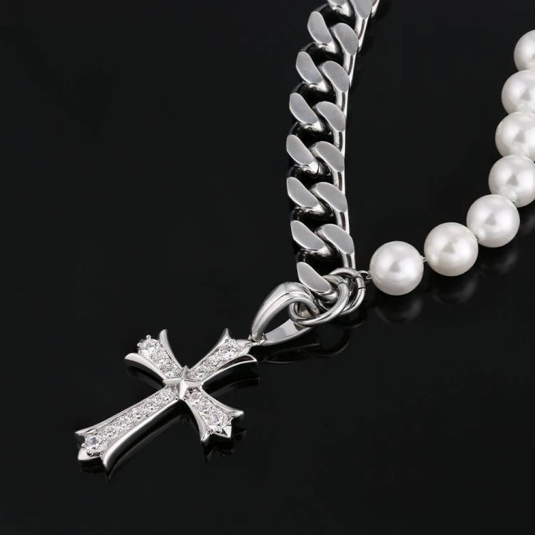 The Faith® - Cuban Link Pearl Necklace in White Gold with Diamond Cross Pendant 