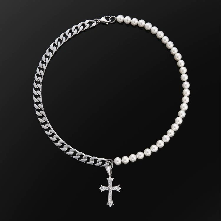 The Faith® - Cuban Link Pearl Necklace in White Gold with Diamond Cross Pendant 