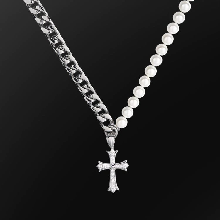The Faith® - Cuban Link Pearl Necklace in White Gold with Diamond Cross Pendant 