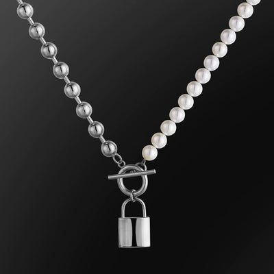 The Foreverness® - Pearl Necklace Bead Chain with Lock Pendant 18" White Gold 