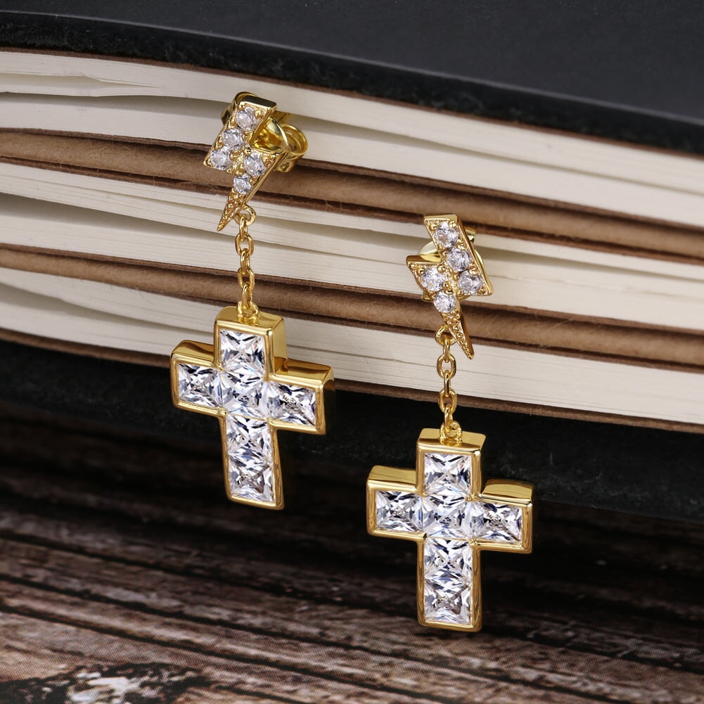 The Freshness® - 925 Sterling Silver Diamond Flash Lightning Stud Earrings with Diamond Cross in 14K Gold 