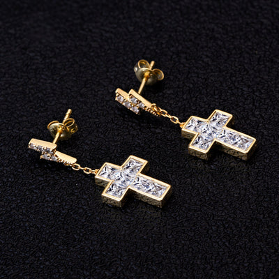 The Freshness® - 925 Sterling Silver Diamond Flash Lightning Stud Earrings with Diamond Cross in 14K Gold 