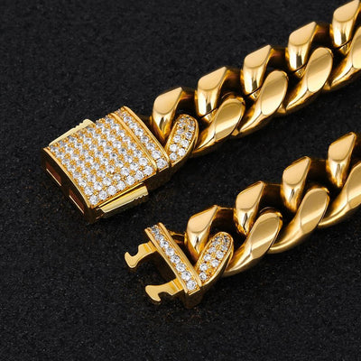 THE GOLDEN NUGGET® - 12mm Iced Out Mens Miami Cuban Link Bracelet in 18K Gold 
