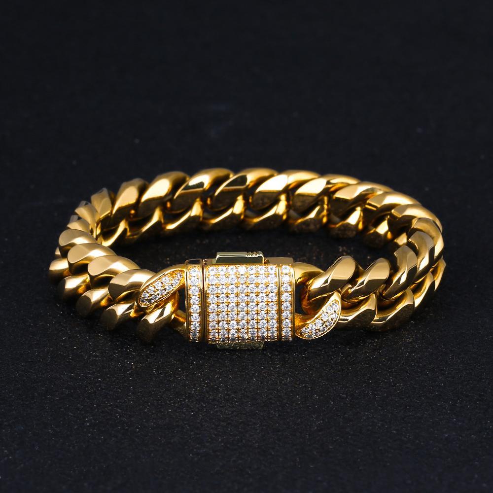THE GOLDEN NUGGET® - 12mm Iced Out Mens Miami Cuban Link Bracelet in 18K Gold 