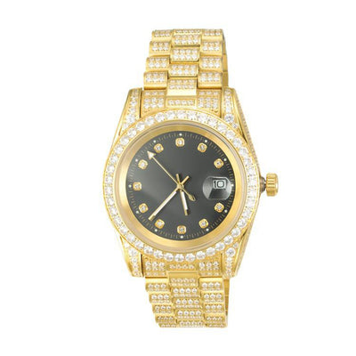 THE GOLDEN TIME® - Iced Out Diamond Presidential Watch in 18K Gold Black 
