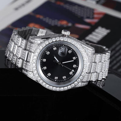 THE ICE CUBE® - Iced Out Diamond Presidential Watch in White Gold (Black Dial) Watches 