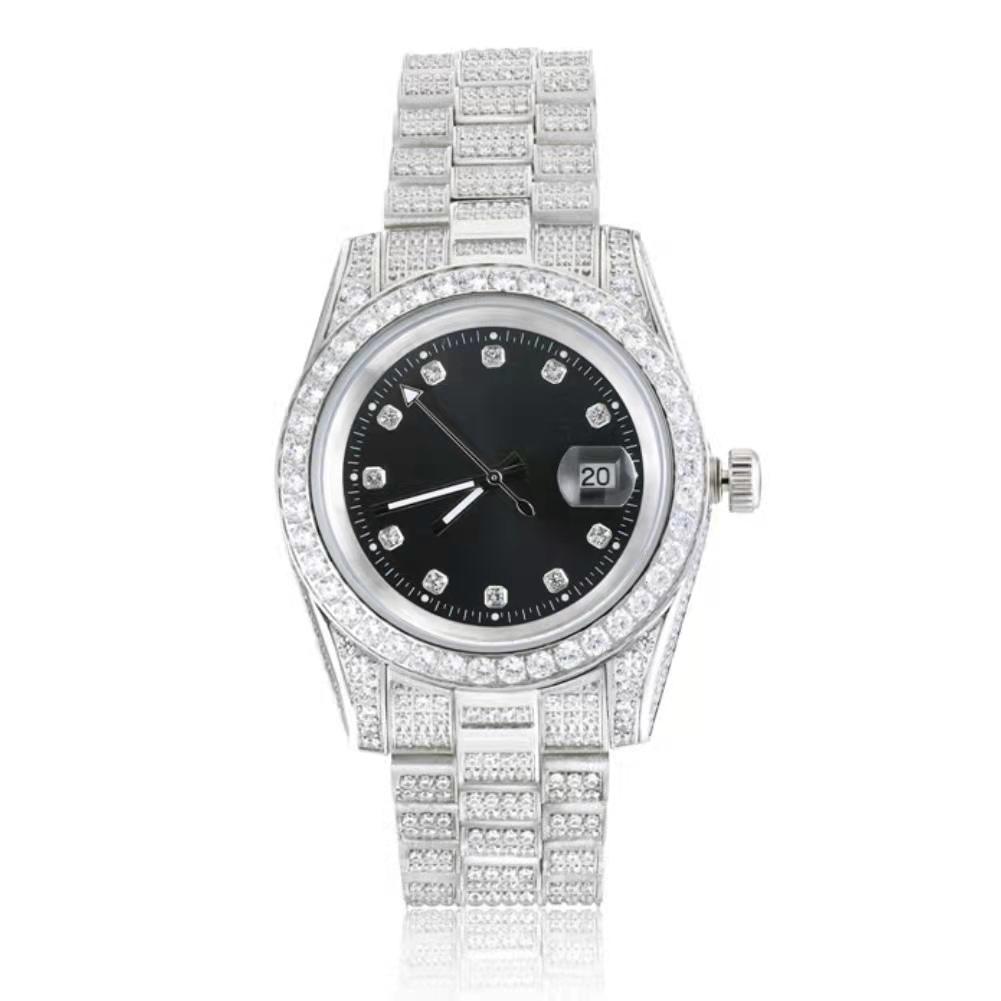 THE ICE CUBE® - Iced Out Diamond Presidential Watch in White Gold (Black Dial) Watches Black 5A VVS CZ Adjustable