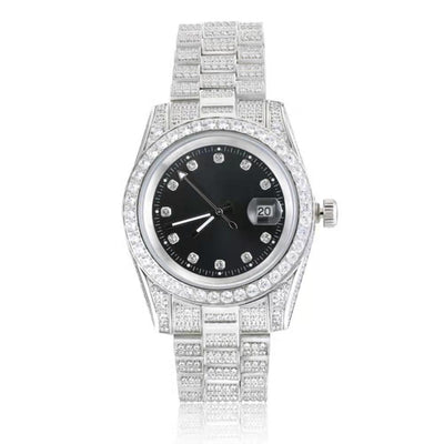THE ICE CUBE® - Iced Out Diamond Presidential Watch in White Gold (Black Dial) Watches Black 5A VVS CZ Adjustable