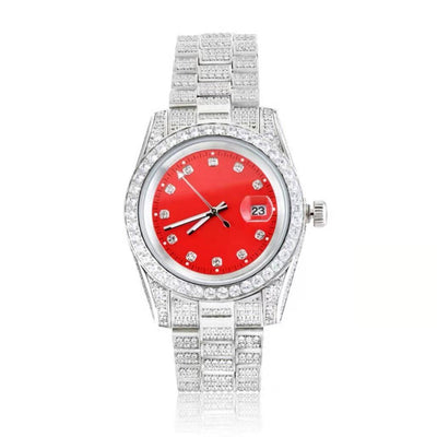 THE ICE CUBE® - Iced Out Diamond Presidential Watch in White Gold (Red Dial) Red 5A VVS CZ Adjustable