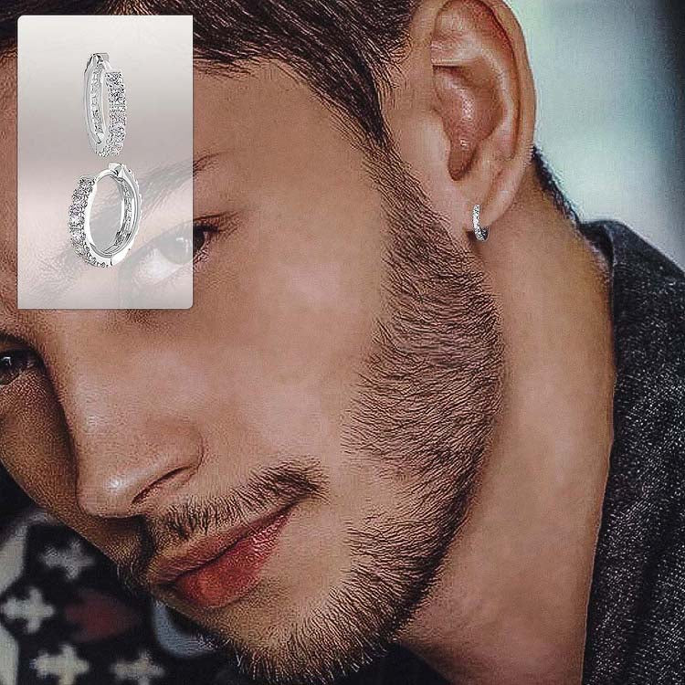 The Magic Circle® - 925 Sterling Silver Diamond Men's Hoop Earrings in White Gold Earrings 