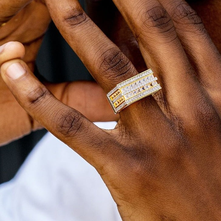 The Majesty II® - Double Rows Princess Cut CZ Diamond Mens Hip Hop Ring in 18K Gold 