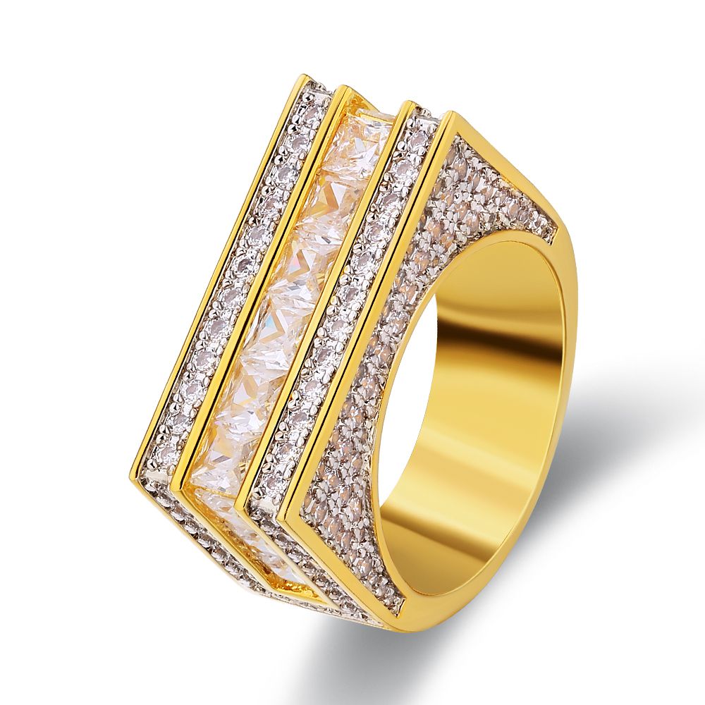 The Majesty® - Single Rows Princess Cut CZ Diamond Mens Hip Hop Ring in 18K Gold 