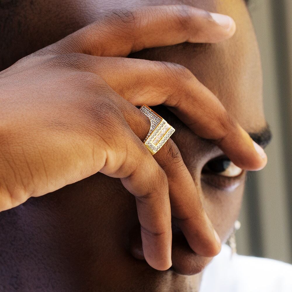 The Majesty® - Single Rows Princess Cut CZ Diamond Mens Hip Hop Ring in 18K Gold 