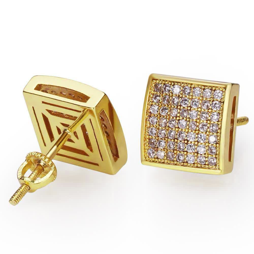 The Pride® - 925 Sterling Silver Iced Square Diamond CZ Stud Hip-Hop Mens Earrings Earrings 14K Gold S925 