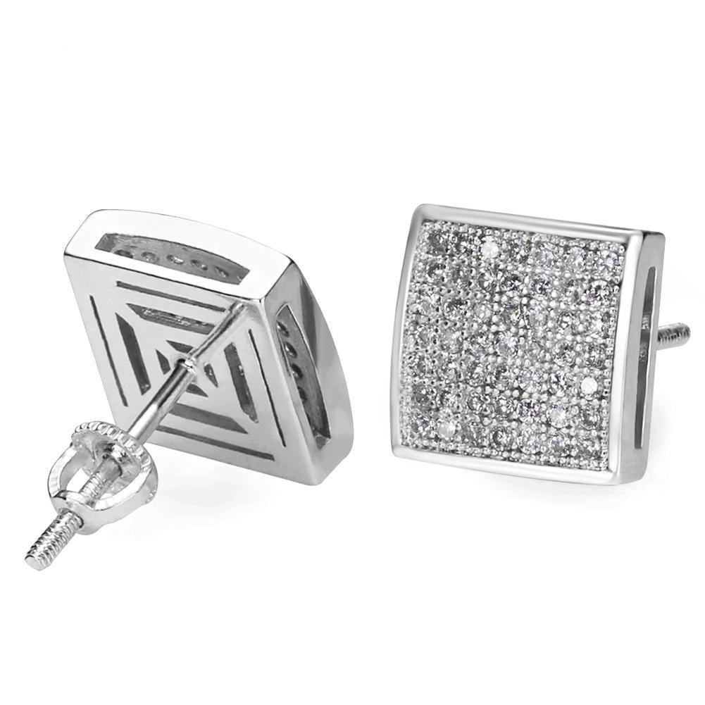 The Pride® - 925 Sterling Silver Iced Square Diamond CZ Stud Hip-Hop Mens Earrings Earrings White Gold S925 