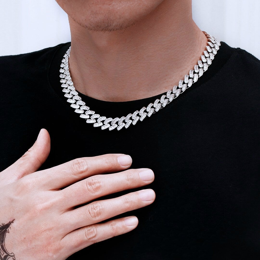 The Prince's Pride® - 12mm Baguette CZ Cuban Link Chain White Gold Plated 