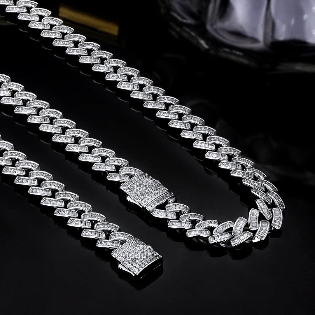 The Prince's Pride® - 12mm Baguette CZ Cuban Link Chain White Gold Plated 
