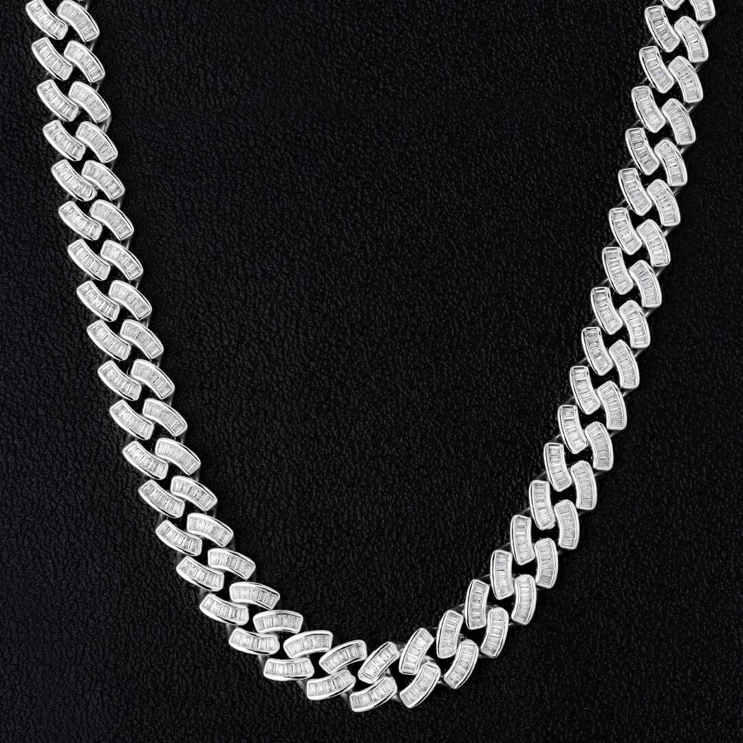 The Prince's Pride® - 12mm Baguette CZ Cuban Link Chain White Gold Plated 