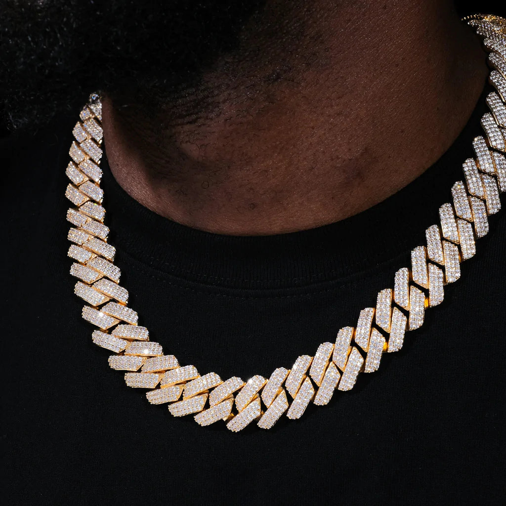 The Proud Moment II® - 20mm Iced Out 3 Row Diamond Prong Cuban Link Chain Choker in 14K Gold Necklaces 