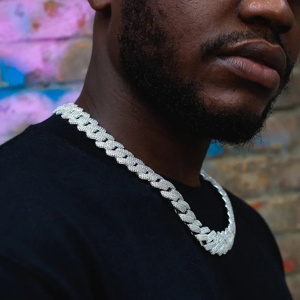 The Proud Moment II® - 20mm Iced Out 3 Row Diamond Prong Cuban Link Chain Choker in White Gold 