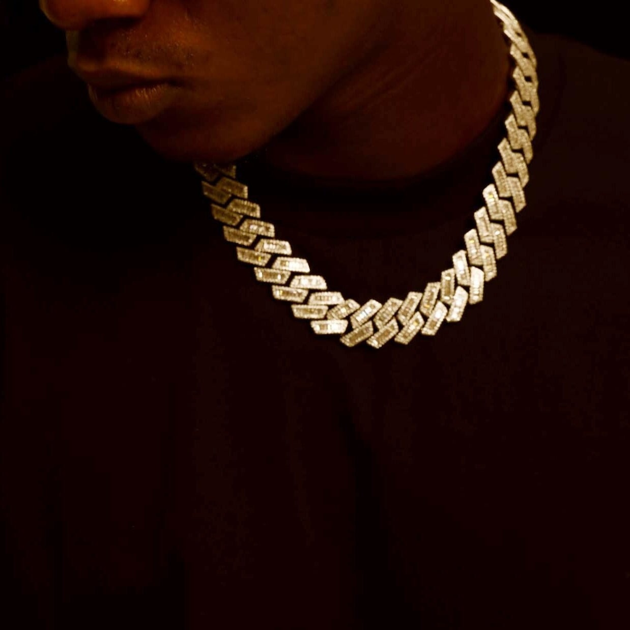 The Proud Moment® - 20mm Baguette Cut Moissanite Diamond Prong Cuban Link Chain in 14K Gold Necklaces 