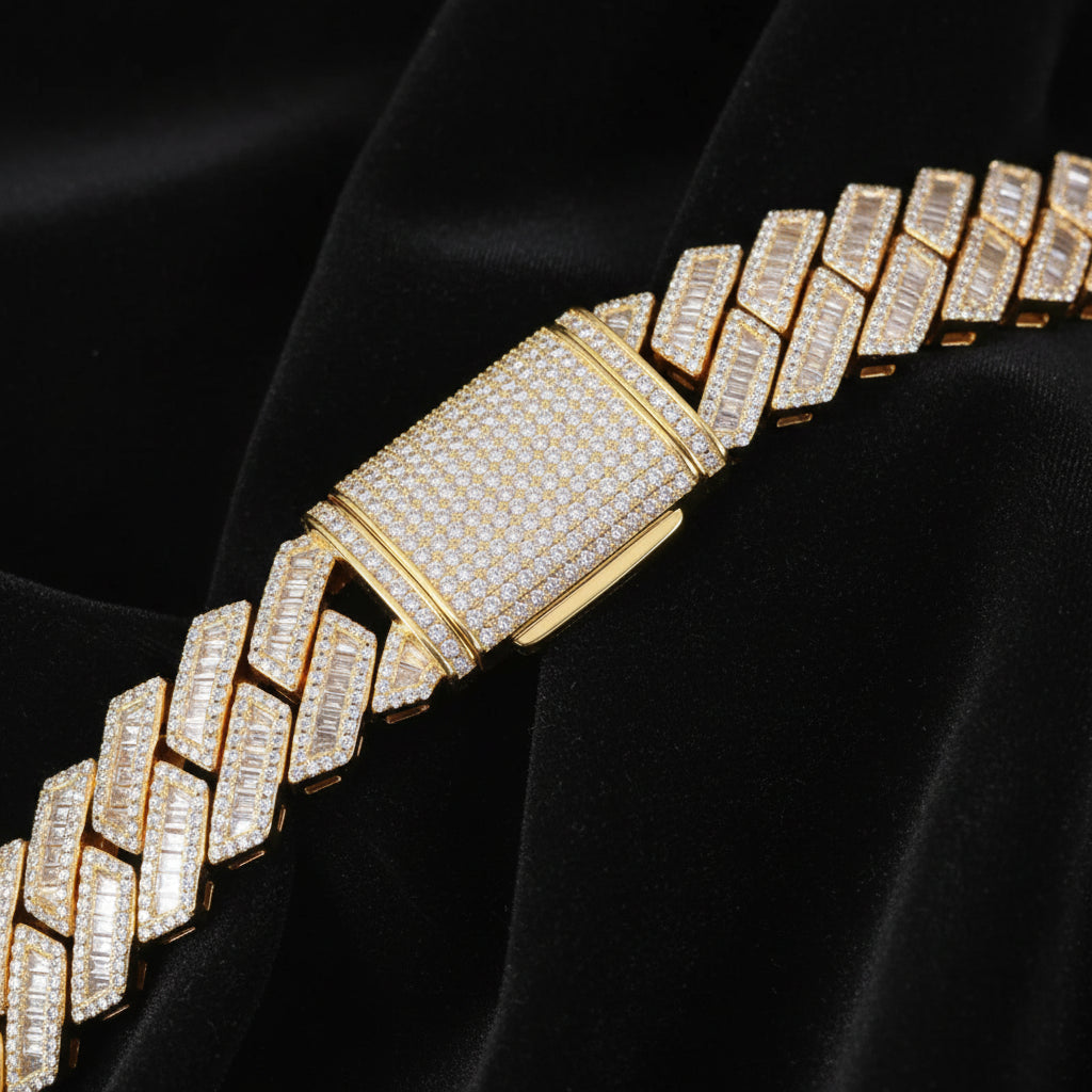 The Proud Moment® - 20mm Baguette Cut Moissanite Diamond Prong Cuban Link Chain in 14K Gold Necklaces 