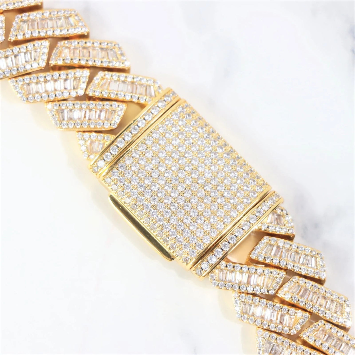 The Proud Moment® - 20mm Baguette Cut Moissanite Diamond Prong Cuban Link Chain in 14K Gold Necklaces 