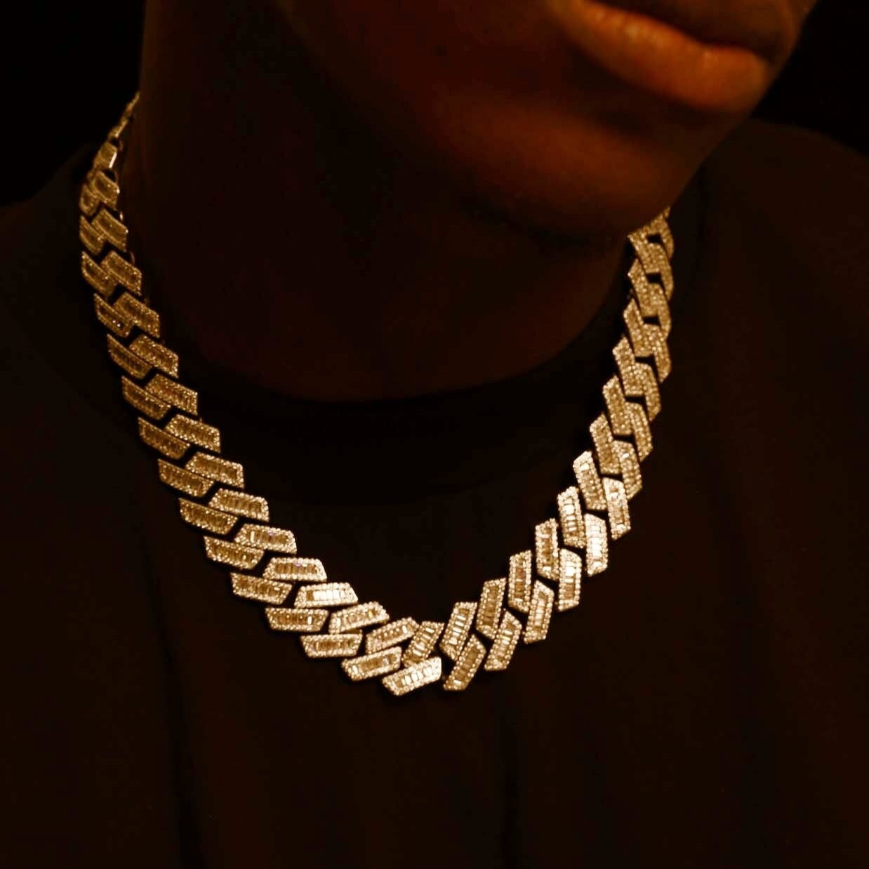 The Proud Moment® - 20mm Baguette Cut Moissanite Diamond Prong Cuban Link Chain in 14K Gold Necklaces 