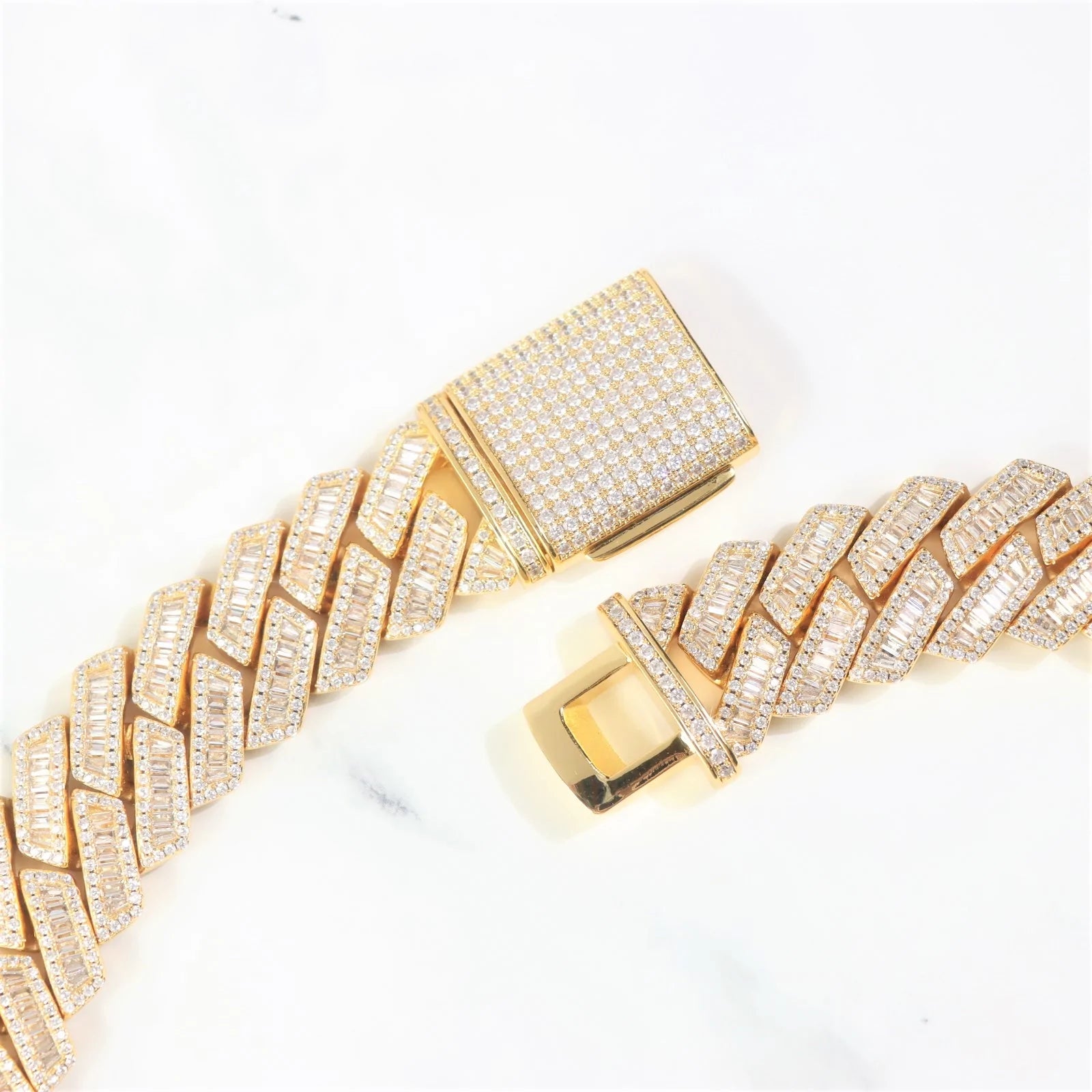 The Proud Moment® - 20mm Baguette Cut Moissanite Diamond Prong Cuban Link Chain in 14K Gold Necklaces 
