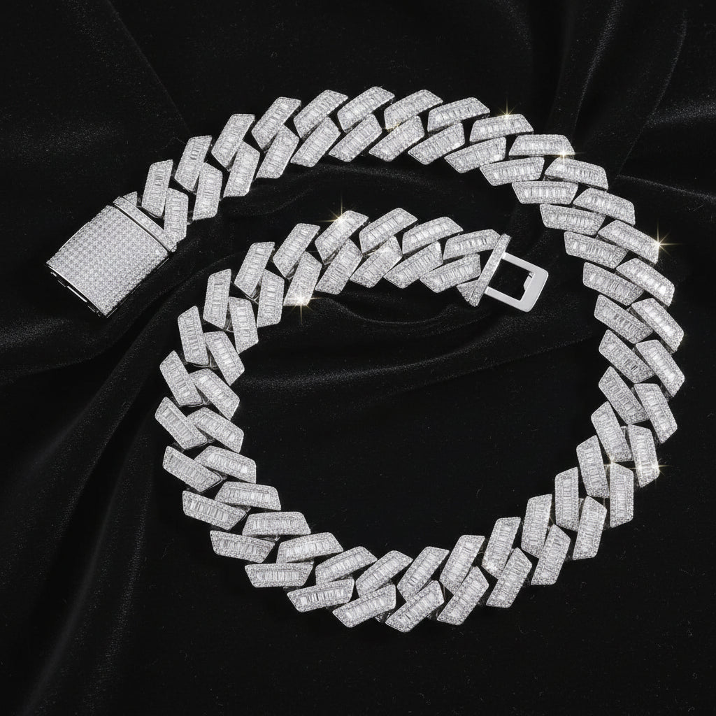 The Proud Moment® - 20mm Baguette Cut Moissanite Diamond Prong Cuban Link Chain in White Gold 