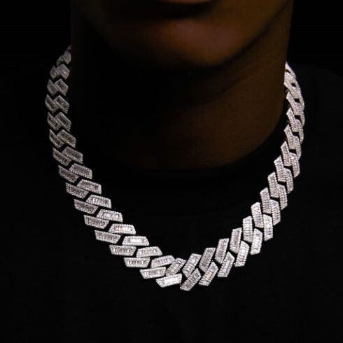 The Proud Moment® - 20mm Baguette Cut Moissanite Diamond Prong Cuban Link Chain in White Gold 