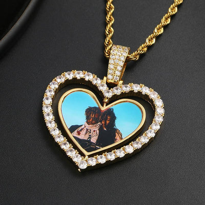 THE ROTATING LOVE® - Custom Two-faced Photo Pendant 18" 18K Gold Free Rope Chain