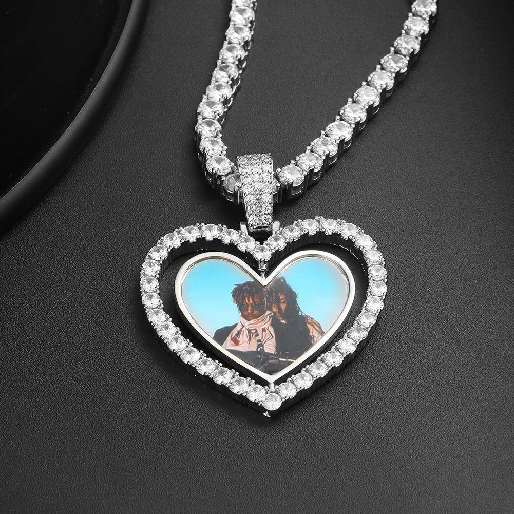 THE ROTATING LOVE® - Custom Two-faced Photo Pendant 18" White Gold Free Rope Chain