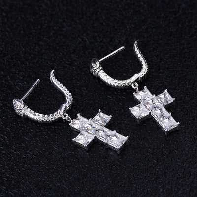 The Serpent ® - Diamond Snake Hoop Hanging Cross Earrings in White Gold Earrings 