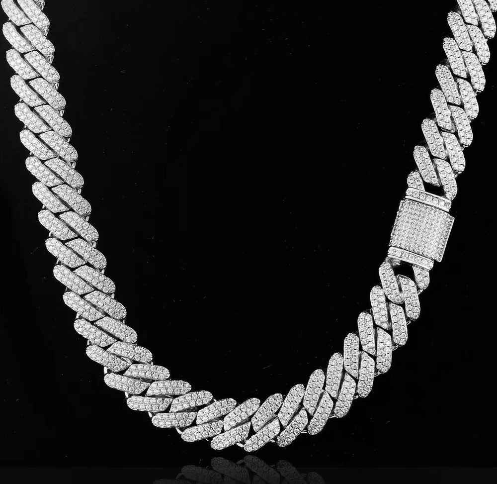 13mm Iced Moissanite Diamond Prong Link Cuban Choker Chain in White Gold