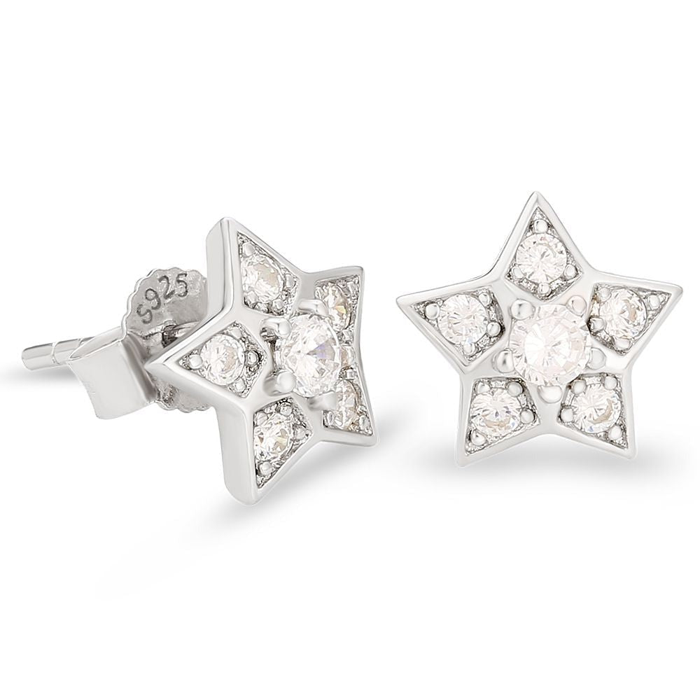 The Shining Star® - 925 Sterling Silver Star Diamond Stud Earrings 