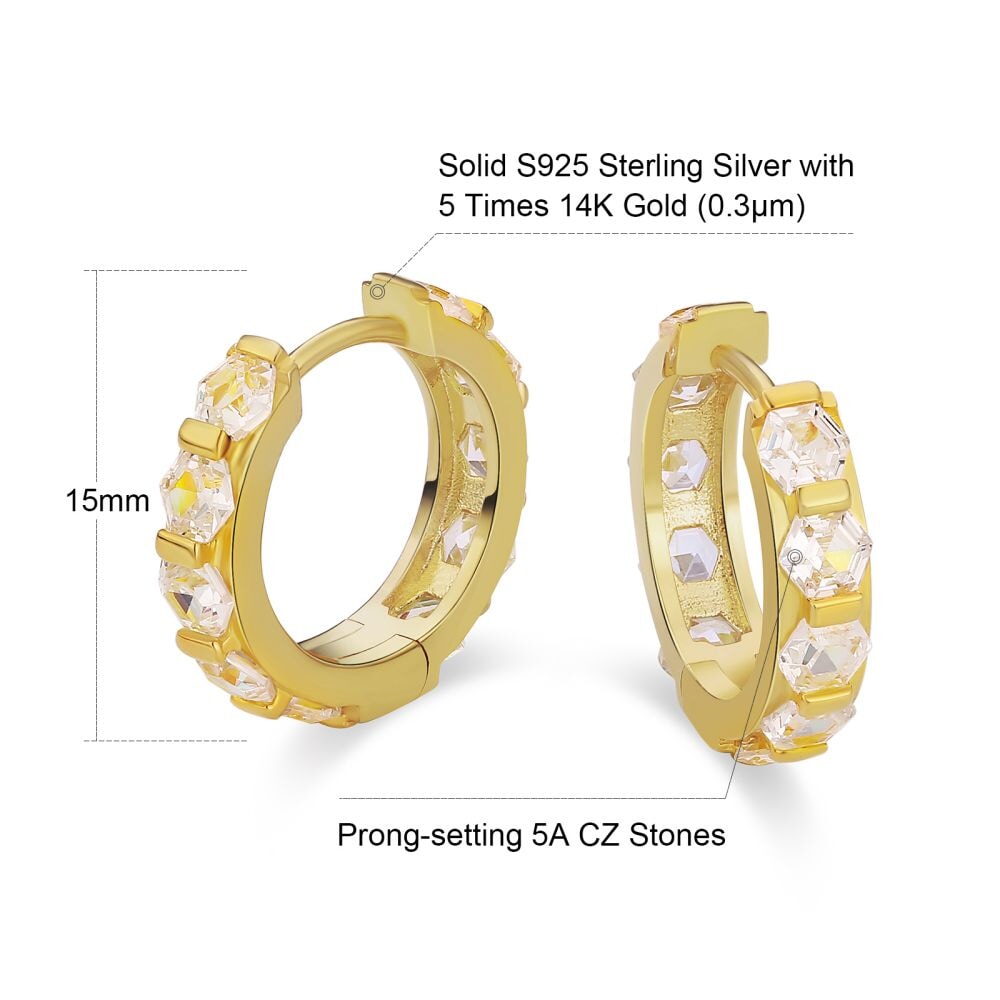 The Sparkling Circle® - 925 Sterling Silver Hexagon Diamond Hoop Earrings in 14K Gold Earrings 