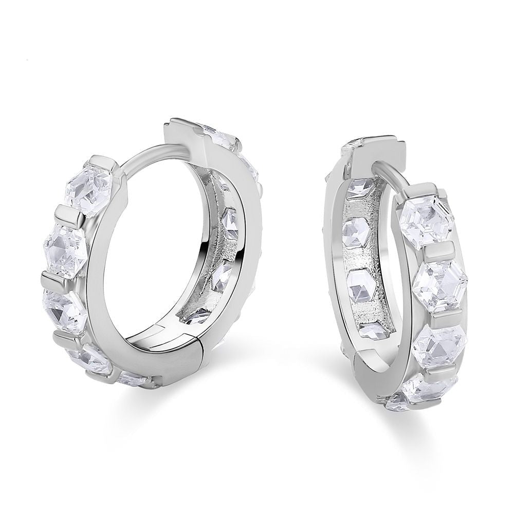 The Sparkling Circle® - 925 Sterling Silver Hexagon Diamond Hoop Earrings in White Gold Earrings 
