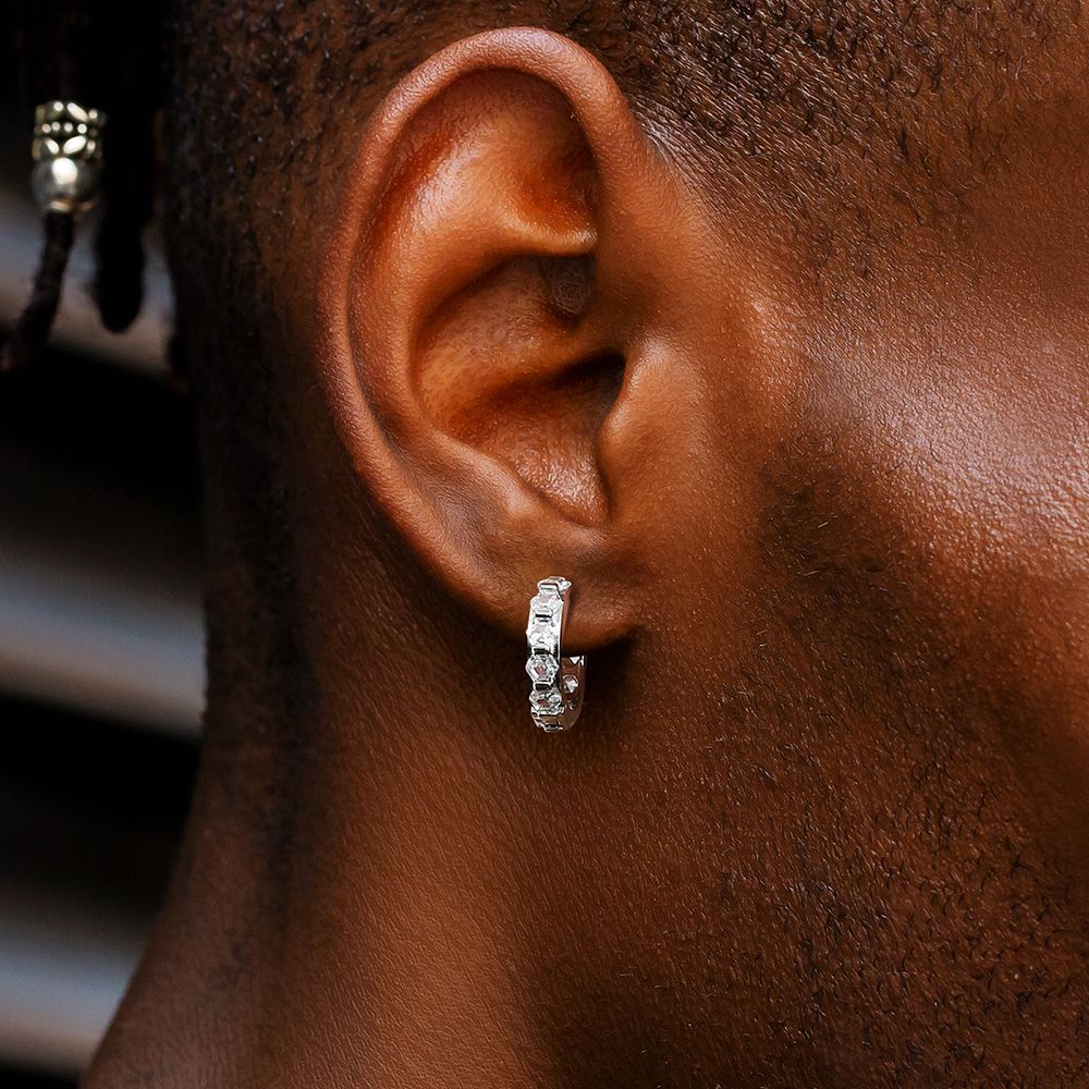 The Sparkling Circle® - 925 Sterling Silver Hexagon Diamond Hoop Earrings in White Gold Earrings White Gold S925 